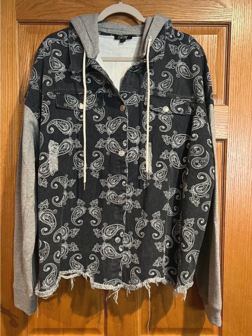 ODDY Black Paisley Zip-Up Hooded Denim Jacket